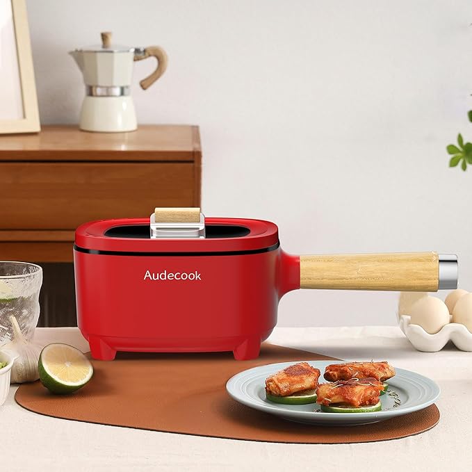 Audecook Hot Pot Electric 2L, Cermic Glaze Non-Stick Frying Pan 8 Inch, Portable Travel Cooker for Ramen/Steak/Fried Rice/Oatmeal/Soup, with Dual Power Control (Silicone Spatula Included)