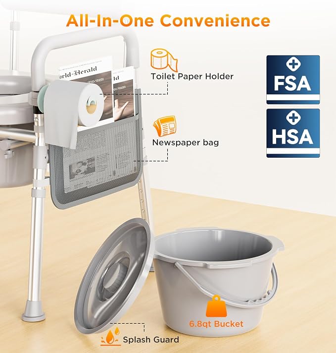 Bedside Commode Toilet, Padded Seat & Backrest, Height Adjustable Aluminum Potty Chair | 350lb, Tool-Free Assembly, Removable Bucket, Portable Toilet for Adults & Seniors