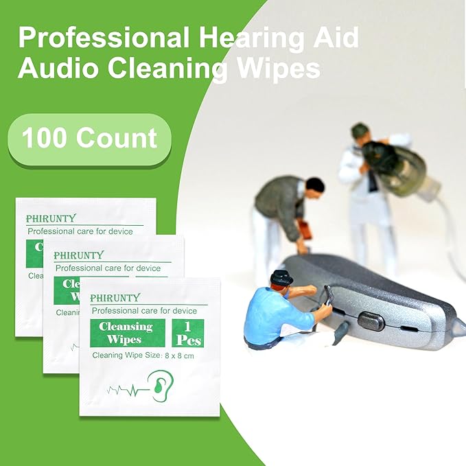 100 Count Hearing Aids Cleaning Wipes Individually Packaged, Hearing Aid Audio Wipe Cleaning Tool Kit Supplies Hearing Aid Accessories, Suitable for All Hearing Aid Brand and Hearing Aid Type