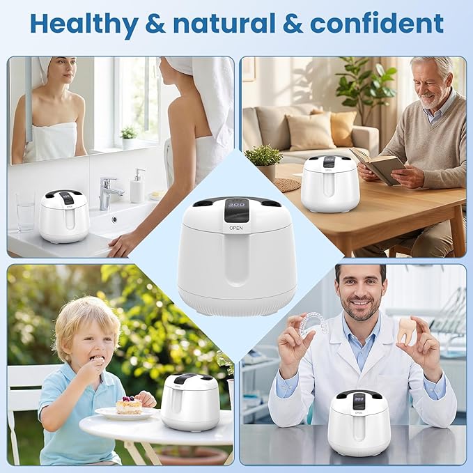 Ultrasonic Retainer Cleaner Machine, 48kHz Rechargeable Cordless Denture Cleaner with 4000mAh Battery, 200ML Dental Cleaning Pod for Dentures, Mouth Guards, Aligner, Night Guard, Jewelry White