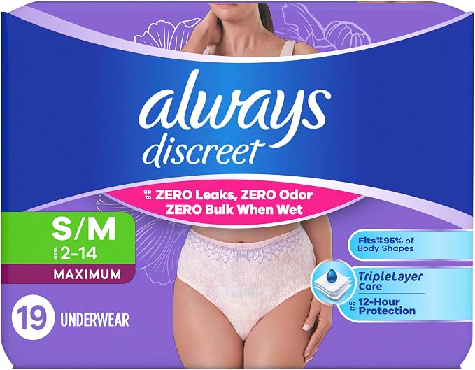 Always Discreet Adult Diapers for Women, Incontinence Underwear, Postpartum Essentials, Disposable Briefs, Max Absorbency, Bladder Leak Protection, Small/Medium, 19ct