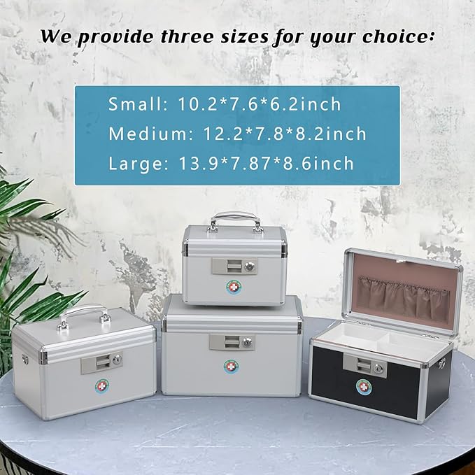 KYODOLED Medication Lock Box with Key, Medicine Lock Box for Safe Medication Storage, First Aid Key Safe Box with Lock for Home, Outdoor Use, 12.2'' x 7.8'' x 8.2'' Black