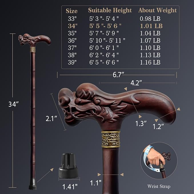 Wooden Walking Cane, 3D Dragon Engraved Cane Support up to 400 lb, Canes for Seniors Men Women of Different Heights