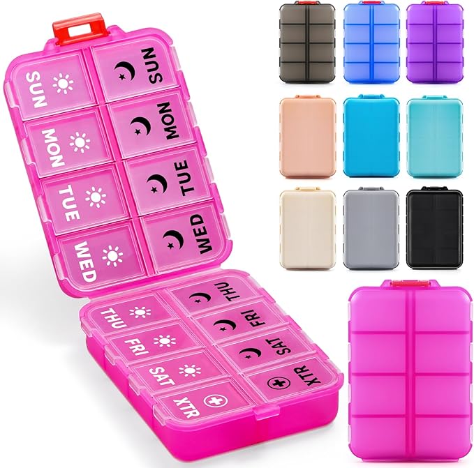 Foldable Weekly Pill Organizer 2 Times a Day with 2 Extra Compartments (Clear Printed Labels) - 7 Day AM PM Medicine Box, Week Daily Travel Pill Case Holder for Vitamin, Supplement - Clear Pink
