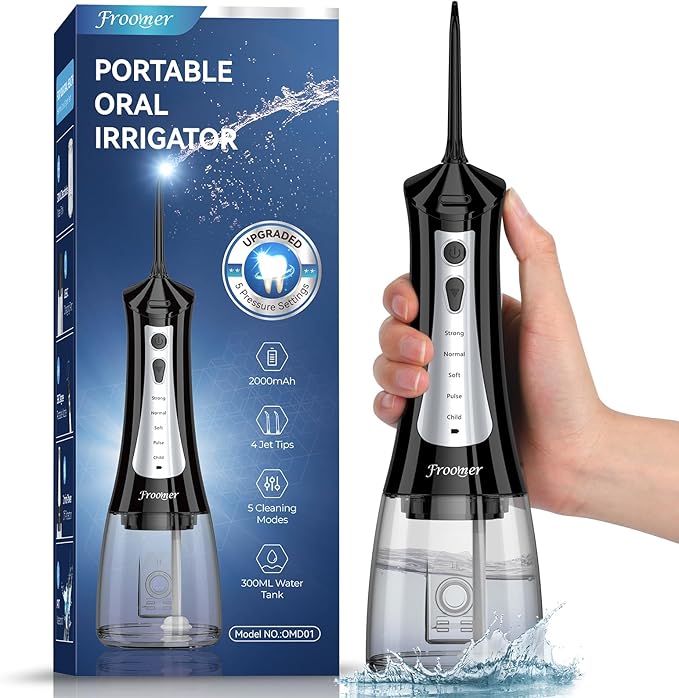 Froomer Water Flosser,Water Dental Forsser for Teeth Clean, 5Modes 4 Jet Tips,Rechargeable Portable Water Flossers for Teeth,300ML Tanks for Travel Friendly(Black