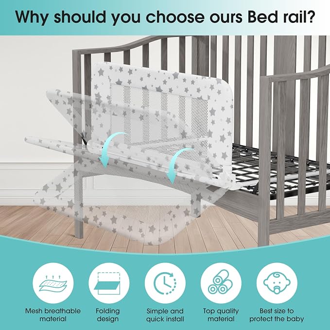 NUTIKAS Crib Rail Guard for Toddlers - 35.3" Toddler Bed Rails Convertible Safety Side Protector Swing Down Mesh Breathable Bed Barriers White Anchor Safety with Reinforced