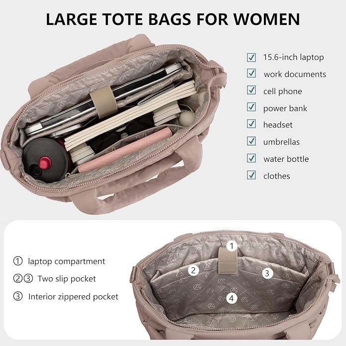 Puffer Tote Bag for Women Quilted Nurse Bag Lightweight Work Bag for Teacher Travel Handbag with Multiple Pockets