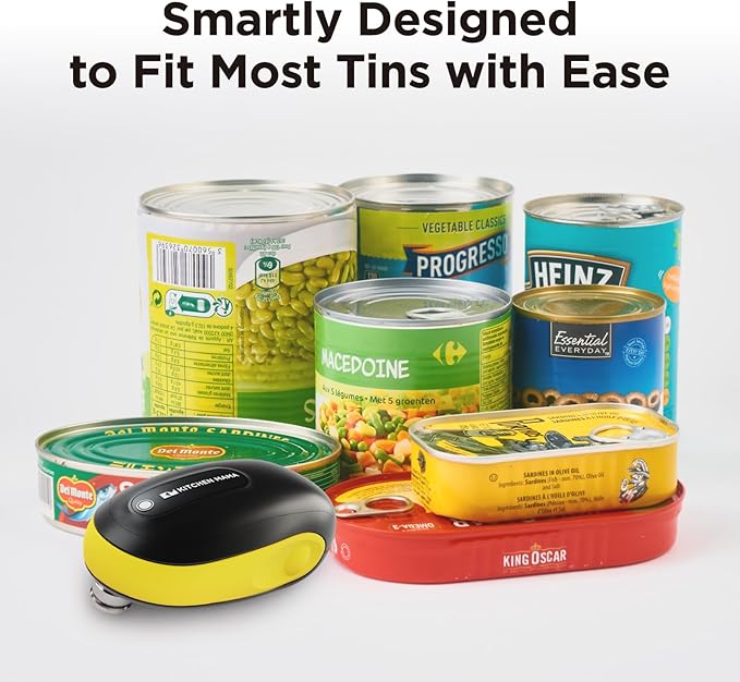 Kitchen Mama One-To-Go Electric Can Opener: One Touch, Auto Stop, Smooth Edge, Lid Lift, Safety, Automatic, Magnetic, Cordless, Battery Operated, Kitchen Appliance for Senior with Arthritis (Yellow)