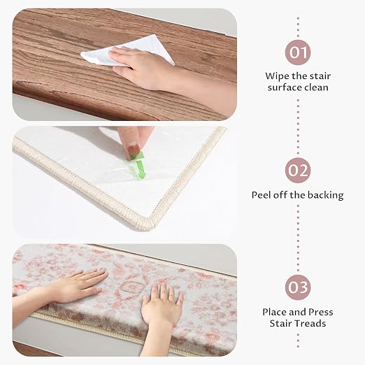 RORA Bullnose Stair Treads for Wooden Steps, Non Slip Stair Carpet 14pcs | Washable, Self-Adhesive, Floral Stair Rug Runner with Edge Protection for Indoor, Pets & Elder, 29.5 x 9.5x 1.7, Pink