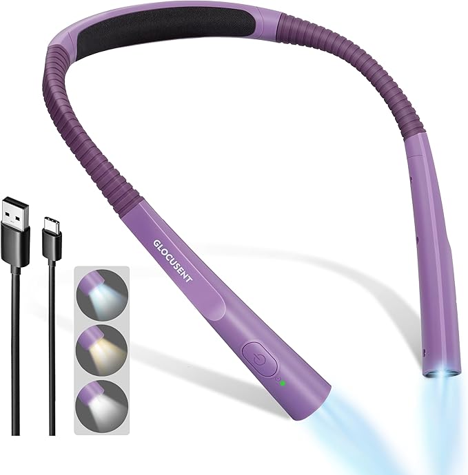 Glocusent Upgraded LED Neck Reading Light, Book Light for Reading in Bed, 30-min Timer, 3 Colors & 3 Brightness Adjustable, Rechargeable & Long Lasting, Perfect for Reading, Knitting