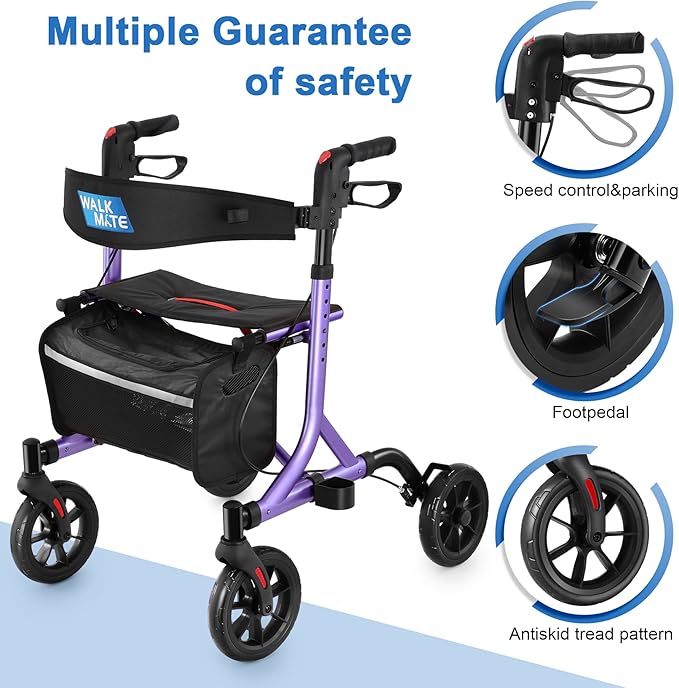 WALK MATE Rollator Walker for Seniors with Cup Holder, Upgraded Thumb Press Button for Height Adjustment, 4 x 8 Wheels Walker with Seat Padded Backrest Folding Lightweight Walking Aid, Purple