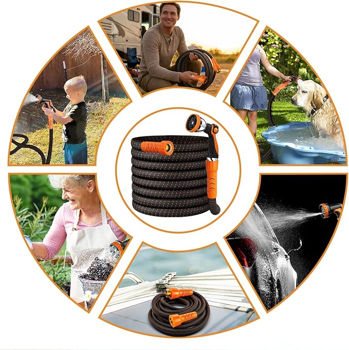 30FT Flexible Garden Hose & 10Modes Nozzle,Lightweight Water Hose,Kink-Free,All-Weather 3/4 in. Hose for RV,Boat,Car Wash,Garden,Yard,Camper,Outdoor NoneExpanding (Orange-Black, 30 Feet)