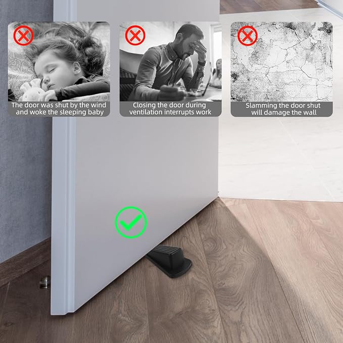 JZWBLILY Door Stoppers for Bottom of Door on Floor, Premium Rubber Door Stopper Wedge, Floor Sturdy Stackable Door Stops for Carpet Heavy Duty Door, Door Gaps (Black, 2 Pack)