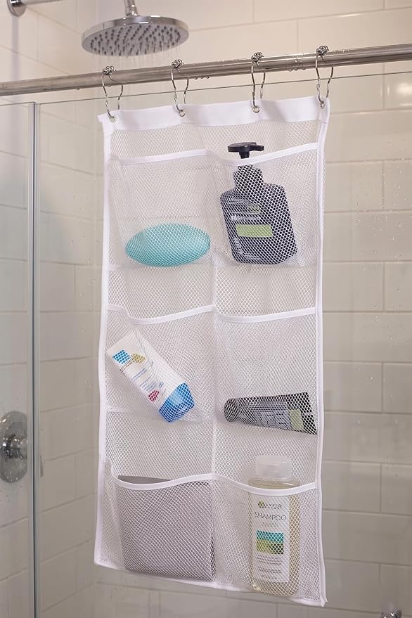 ALYER 6 Storage Pockets Hanging Mesh Shower Caddy,Space Saving Bathroom Accessories and Quick Dry Bath Organizer,White