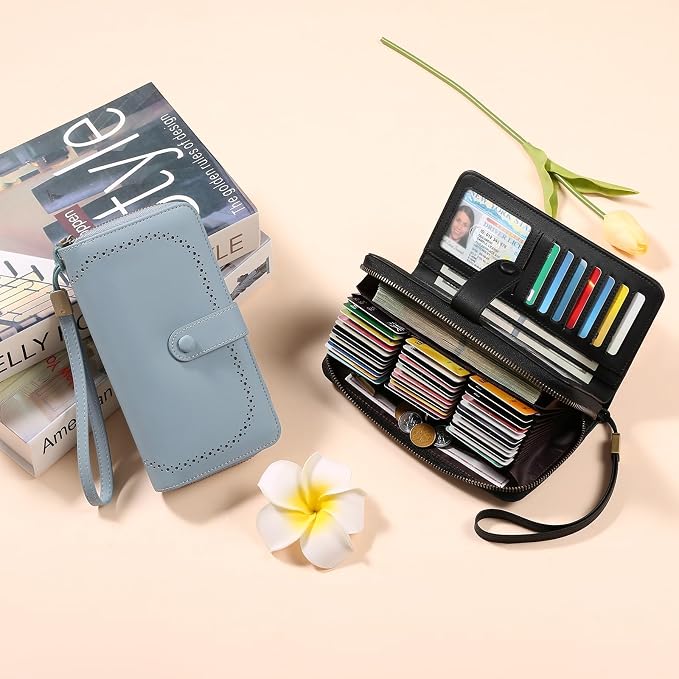 GAEKEAO Leather Credit Card Holder Wallet for Women RFID Blocking Large Capacity Bifold Zipper Card Case Organizer with Wristlet 45 Slots
