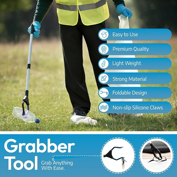 Grabber Reacher Wheelchair aid,FitPlus Premium Grabber Tool accesery 34 Inch, Strong Magnet Grabber Reacher for Elderly, Lightweight Extra Long Handy for Trash (Blue, 43 Inches)