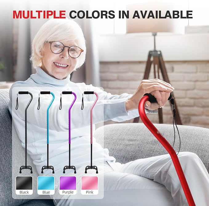 BeneCane Quad Cane Adjustable Walking Cane with Offset Soft Cushioned Handle for Men & Women Lightweight Comfortable with 4-Pronged feet for Extra Stability