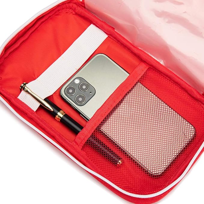 Jipemtra Red First Aid Bag Empty Travel Rescue Pouch First Responder Storage Medicine Emergency Bag for Car Home Office Kitchen Sport Outdoors (Red with Handle Green Print)