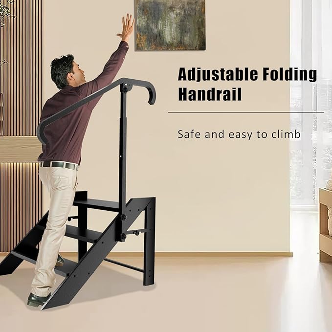 Step Ladder, Foldable Step Stool, 3 Step Folding RV Steps with Handrail, Camper Steps Outdoor, for Reaching High, Travel Trailer, Mobile Home, Spa