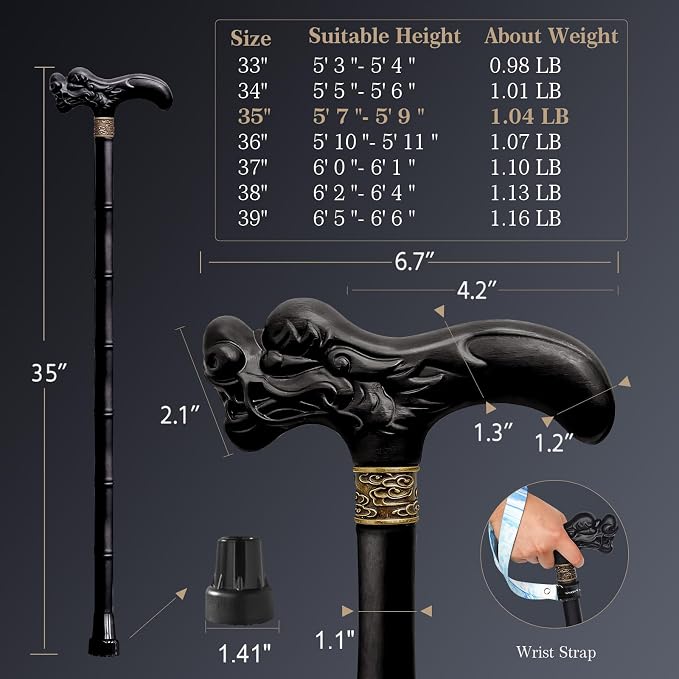 Wooden Walking Cane, 3D Dragon Engraved Cane Support up to 400 lb, Canes for Seniors Men Women of Different Heights