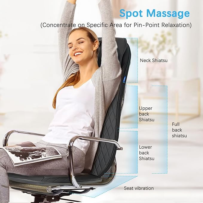 Shiatsu Neck & Back Massager with Heat, Massage Chair Pad Cushion for Stress Relief, Inflatable Flaps Back Support, Kneading or Rolling Chair Seat Massage
