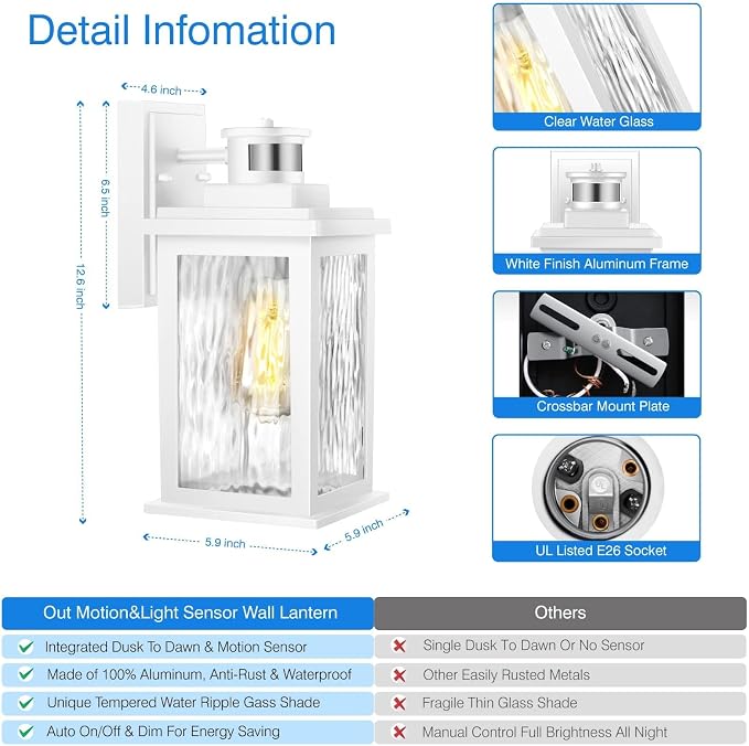 VIANIS 2 Pack Motion Sensor Outdoor Wall Lantern, Exterior Light Fixture | Anti-Rust & Waterproof, White Dusk to Dawn Outdoor Lighting Wall Mount, Tempered Glass, For House Front Porch Garage Entryway