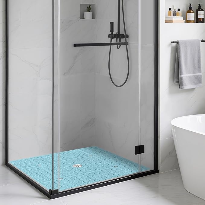Yolife Square Shower Mat, 27" x 27" Shower Mat with Drain Hole in Middle, Soft TPE Extra Large Non Slip Shower Mats for Inside Shower, Anti Slip Washable Shower Floor Mat with Suction Cups, Blue