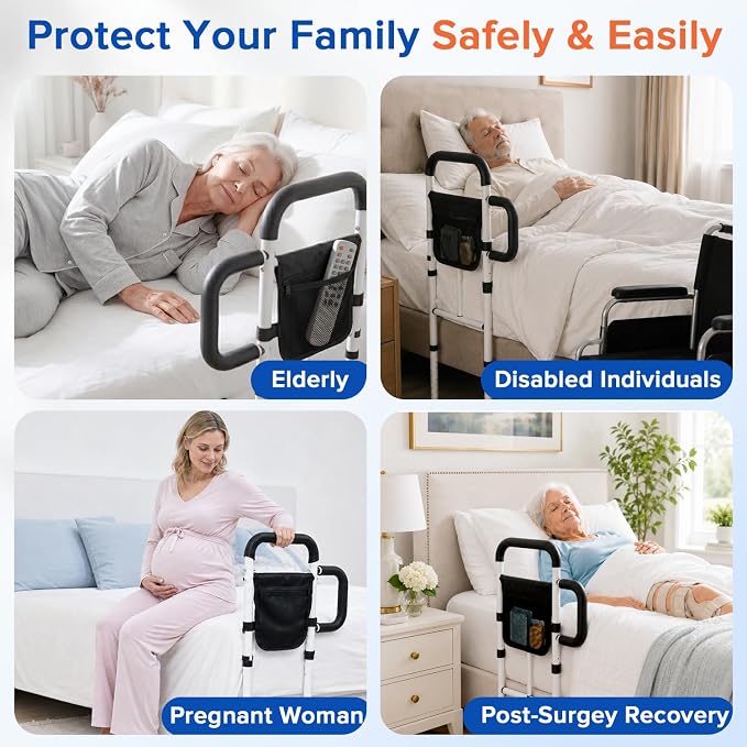 AYP Bed Rails for Elderly Adults Safety–Adjustable Bed Side Rails for Seniors, Featuring Extended Non-Slip Grab Bar and Storage Pocket, ASTM Approved Bed Cane–Fits Twin,Full,Queen,King Size Bed