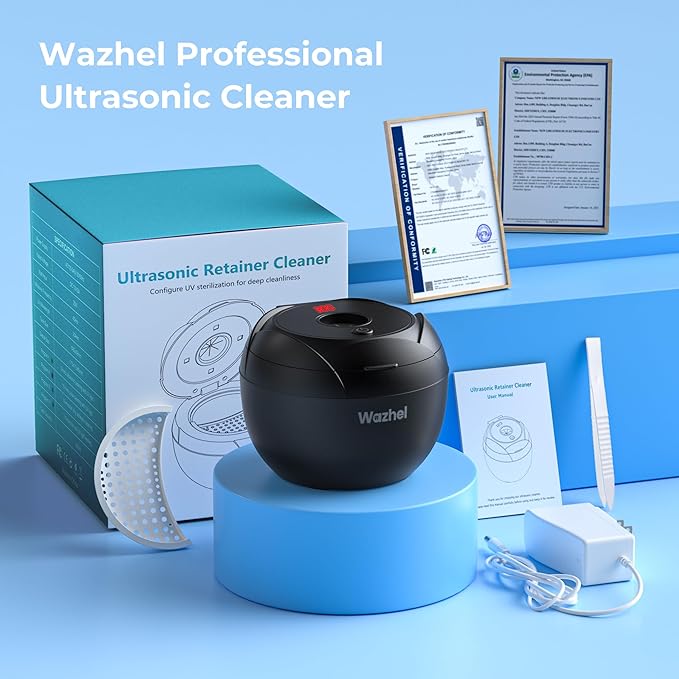 Ultrasonic Retainer Cleaner Machine, 45kHz Dental Cleaning Pod for Denture, Mouth Guard, Night Guard, Aligner, Braces, Toothbrush, 200ML Denture Cleaner with Digital Timer & 4 Modes, Black