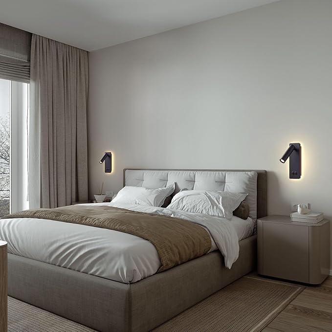 Wall Mounted Reading Light Set of 2, LED Headboard Reading Lamp with 3 Dimming,Bedside Wall Lamps with Plug in Cord, 350° Rotation Sconces Wall Lighting, 3W Spotlight+6W Backlight (Black)