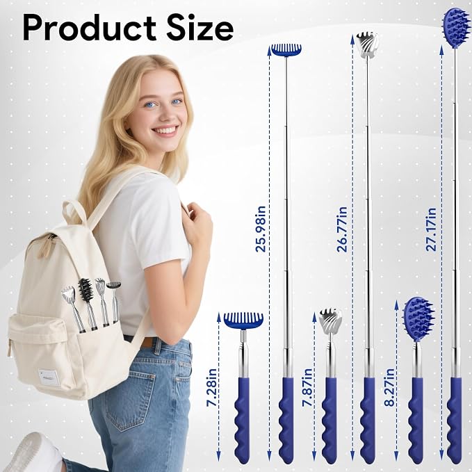 Gumry Telescoping Back Scratcher, 5 Detachable Heads, Gift for Men Blue