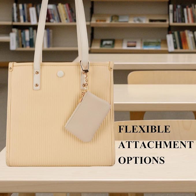 Full Grain Leather Coin Purse with Key Chain - Small Change Purse Keychain Card Holder Keychain Pouch Small Keychain Wallet for Women and Men (Creamy-white), LA-2312