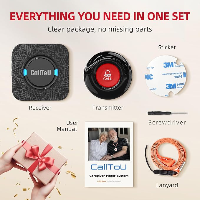 CallToU Caregiver Call Button Wireless Call Bell Alert Button for Seniors/Patients Call Light System for Elderly Home 2 Plugin Receiver 4 Waterproof Transmitter