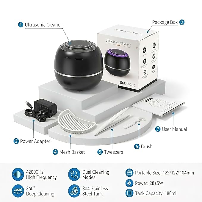 Ultrasonic Retainer Cleaner Machine, Black, 42KHZ Dental Cleaning Pod For Denture, Toothbrush Heads,Jewelry, Braces, Digital Timer with 2 Modes, 180ML,304 stainless steel inner liner