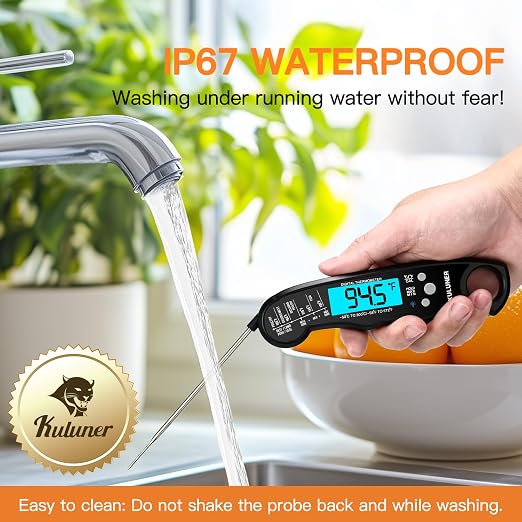 Digital Meat Thermometer Instant Read, Waterproof Probe with Backlight & Calibration, Ultra Fast 2-3s Reading, Stainless Steel Kitchen Food Thermometer for Grilling BBQ Cooking Candy - Black