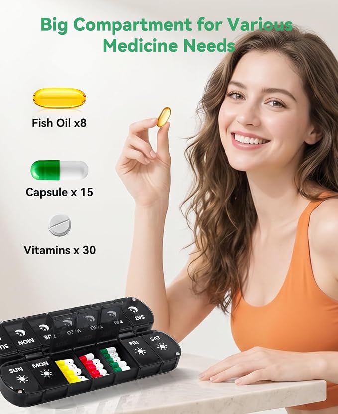Foldable Pill Organizer 2 Times a Day, Magnetic Travel Pill Box AM PM, 7 Day Moisture-Proof Medicine Case for Vitamins, Supplements and Fish Oils, Portable Medication Planner for Purse, Bag & Pocket