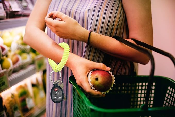 Lucky Line 2” Spiral Wrist Coil with Steel Key Ring, Flexible Wrist Band Key Chain Bracelet, Stretches To 12”, Neon Yellow, 5 Pack (4108605)