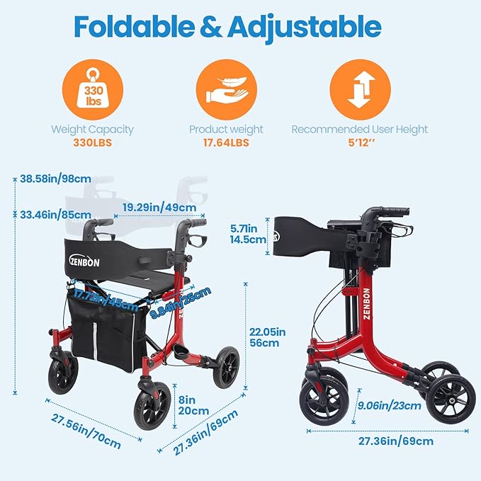 Rollator Walker for Seniors/Adults Foldable Rolling Walker with Seat 330 lbs Capacity 4 Big 8 inch Wheels Hand Grips Adjustable Height Lightweight Aluminum Walker Removable Back Support 7209(Red)