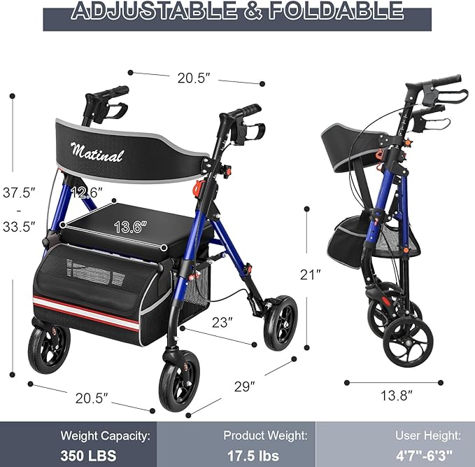 Walkers for Seniors, Rollator Walker with Seat, Walkers for Seniors with seat, 350 lb Capacity,with 8'' Big Wheels, Rolling Walker (Blue)