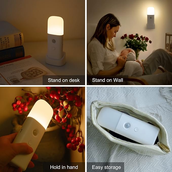 YELKO Motion Sensor Night Lights, Rechargeable nightlights Battery Operated, Dimmable Table lamp with 5 Levels Brightness Adjustable, Cordless Dimmable LED Nursery Night Lights for Home(Cool White)