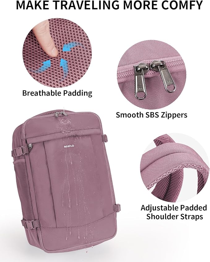 ECOHUB 17'' Small Travel Backpack, United Airlines Personal Item Bag 16.9"x10"x7.5" Carry on Backpack with USB Port Luggage Sleeve Travel Essentials for Men Women Water Resistant, Pink