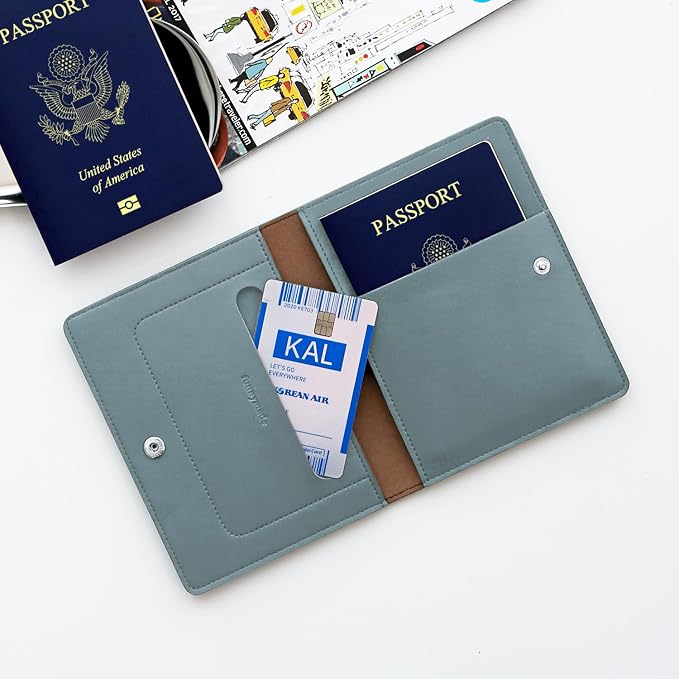 Premium RFID Blocking Leather Passport Holder & Wallet – Fog Blue | Family Travel Document Organizer – for 2 Passports, Cards, Boarding Passes & Travel Essentials