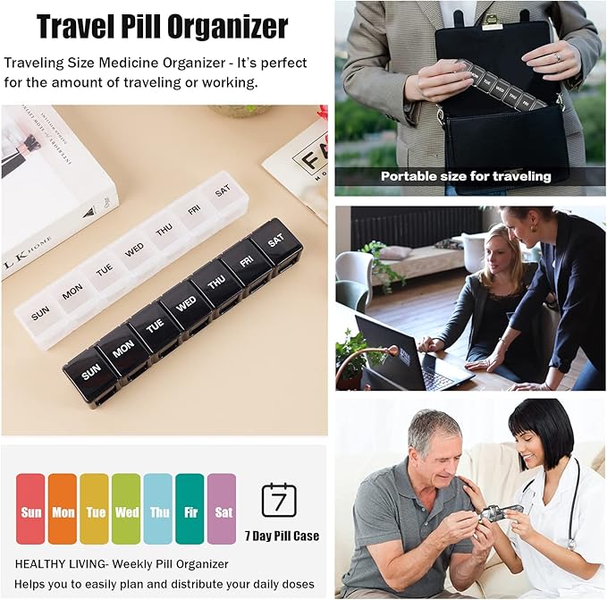 2 Pack Weekly Pill Organizer, Large 7 Day Pill Case, Daily Vitamin Case Medicine Box, AM/PM Pill Containers for Medicine Supplements Fish Oil(White & Black)