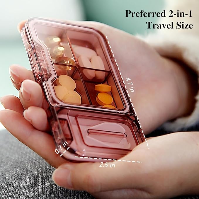 Pill Cutter Splitter for Small or Tiny Pills. 2-in-1 Travel Pill Box & Pill Splitter - Large Capacity 4 Compartments Pill Organizer - Detachable Nonslip V-Shaped Pad. Wrap-Around Blade Guard (Purple)