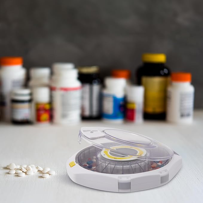 LiveFine Bluetooth Pill Dispenser, 9 Dosage Rings, 28-Day, Clear Lid | Free app control with sound and light alerts, secure key lock, quick-press latch - for seniors and arthritis sufferers.