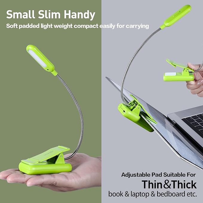 VAVOFO Rechargeable Book Light for Reading in Bed Kids, 7 LED Reading Light with 9-Level Warm Cool White Daylight, Eye Care Lamp with Power Indicator for Bookworms (Neon Green)