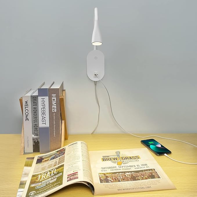 Wall Reading Light for Books in Bed, USB Output Headboard Wall Lamp,5 Dimmable Touch Control Reading Lamp,LED Warm Light Easy to Install 3000K