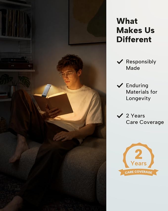 86lux Book Light, Rechargeable Clip-On LED Reading Light for Bed | 3 Color Temperatures with Stepless Dimming, Ultralight Bookmark Design for Book Lovers, Silver