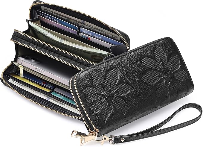 GOIACII Women's Wallet Large Capacity Double Zip Ladies Card Phone Holder RFID Blocking Wristlet Leather