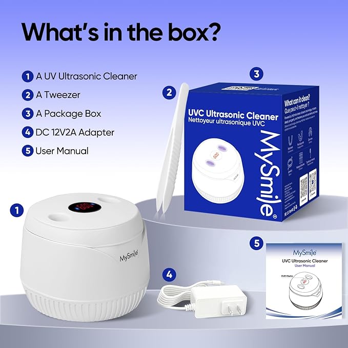 MySmile Dental Ultrasonic Retainer Cleaner Machine- 45kHz UV Denture Cleaner with 200ML Capacity for Aligner, Braces, Mouth Guard, Night Guard, Portable Dental Cleaning Pod with Digital Timer (White)